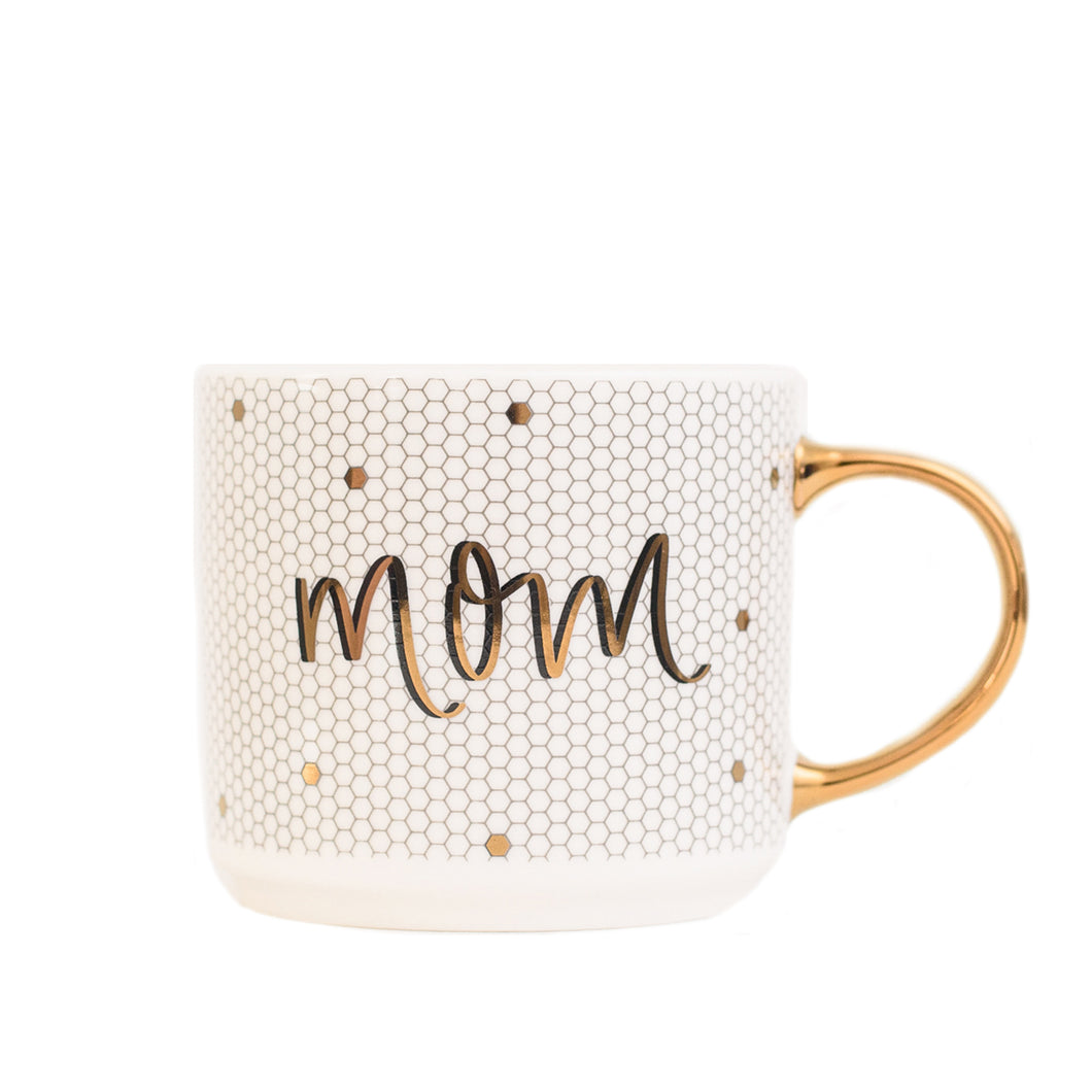 Mom - Gold, White Tile Hand Lettered Coffee Mug